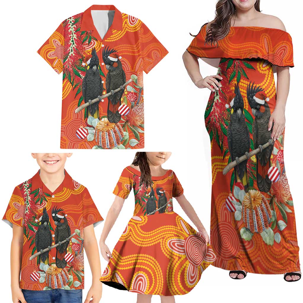 Australia Black Cockatoo Christmas Family Matching Off Shoulder Maxi Dress and Hawaiian Shirt Banksia Bottlebrush Aboriginal Art - Aussie Hoodie