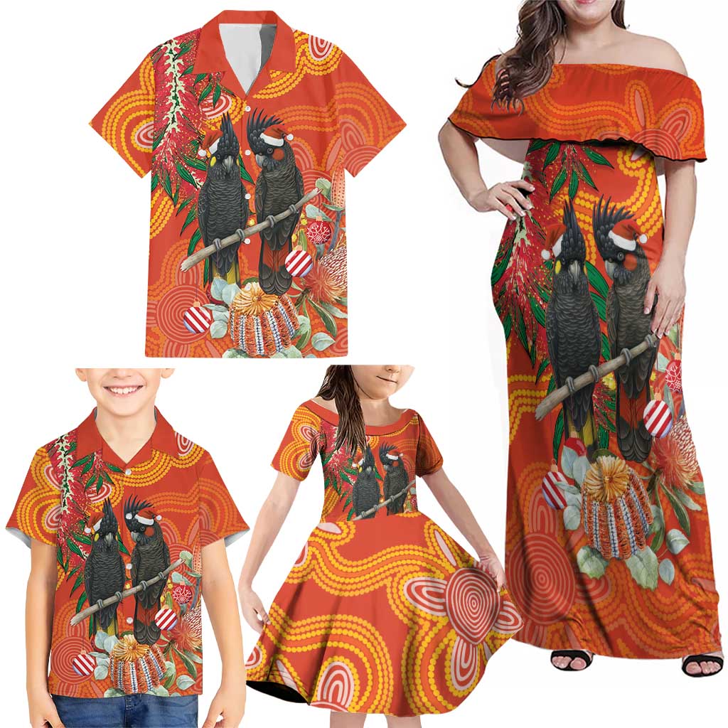 Australia Black Cockatoo Christmas Family Matching Off Shoulder Maxi Dress and Hawaiian Shirt Banksia Bottlebrush Aboriginal Art - Aussie Hoodie