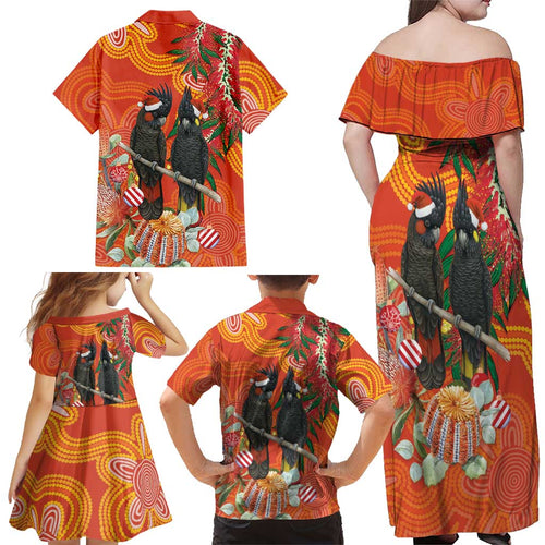 Australia Black Cockatoo Christmas Family Matching Off Shoulder Maxi Dress and Hawaiian Shirt Banksia Bottlebrush Aboriginal Art - Aussie Hoodie