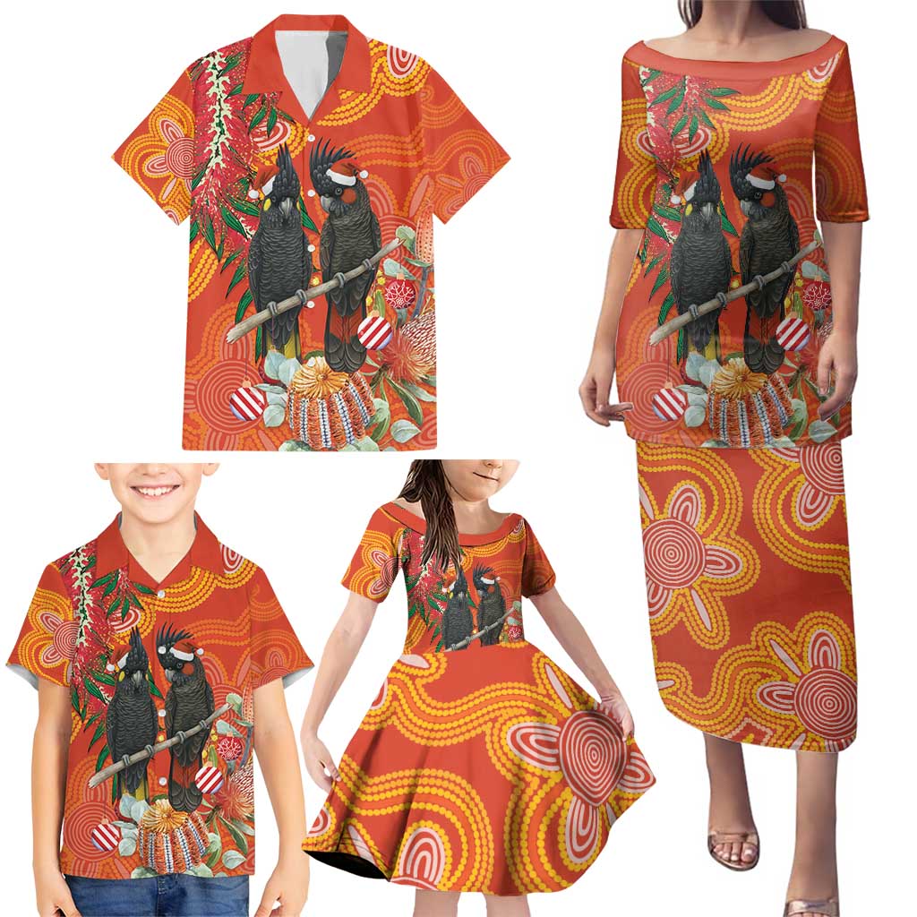Australia Black Cockatoo Christmas Family Matching Puletasi and Hawaiian Shirt Banksia Bottlebrush Aboriginal Art - Aussie Hoodie