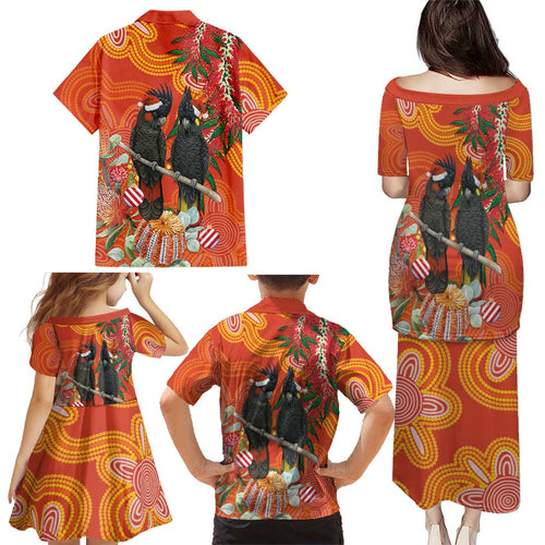 Australia Black Cockatoo Christmas Family Matching Puletasi and Hawaiian Shirt Banksia Bottlebrush Aboriginal Art - Aussie Hoodie