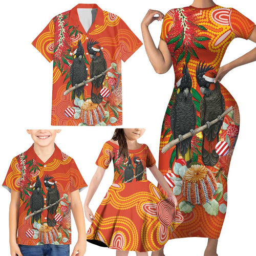 Australia Black Cockatoo Christmas Family Matching Short Sleeve Bodycon Dress and Hawaiian Shirt Banksia Bottlebrush Aboriginal Art - Aussie Hoodie