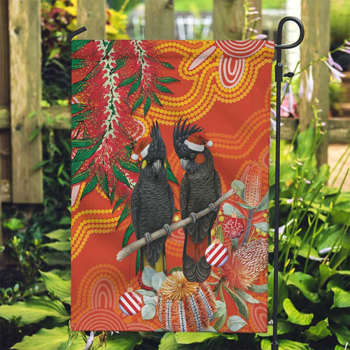 Australia Black Cockatoo Christmas Garden Flag Banksia Bottlebrush Aboriginal Art - Aussie Hoodie