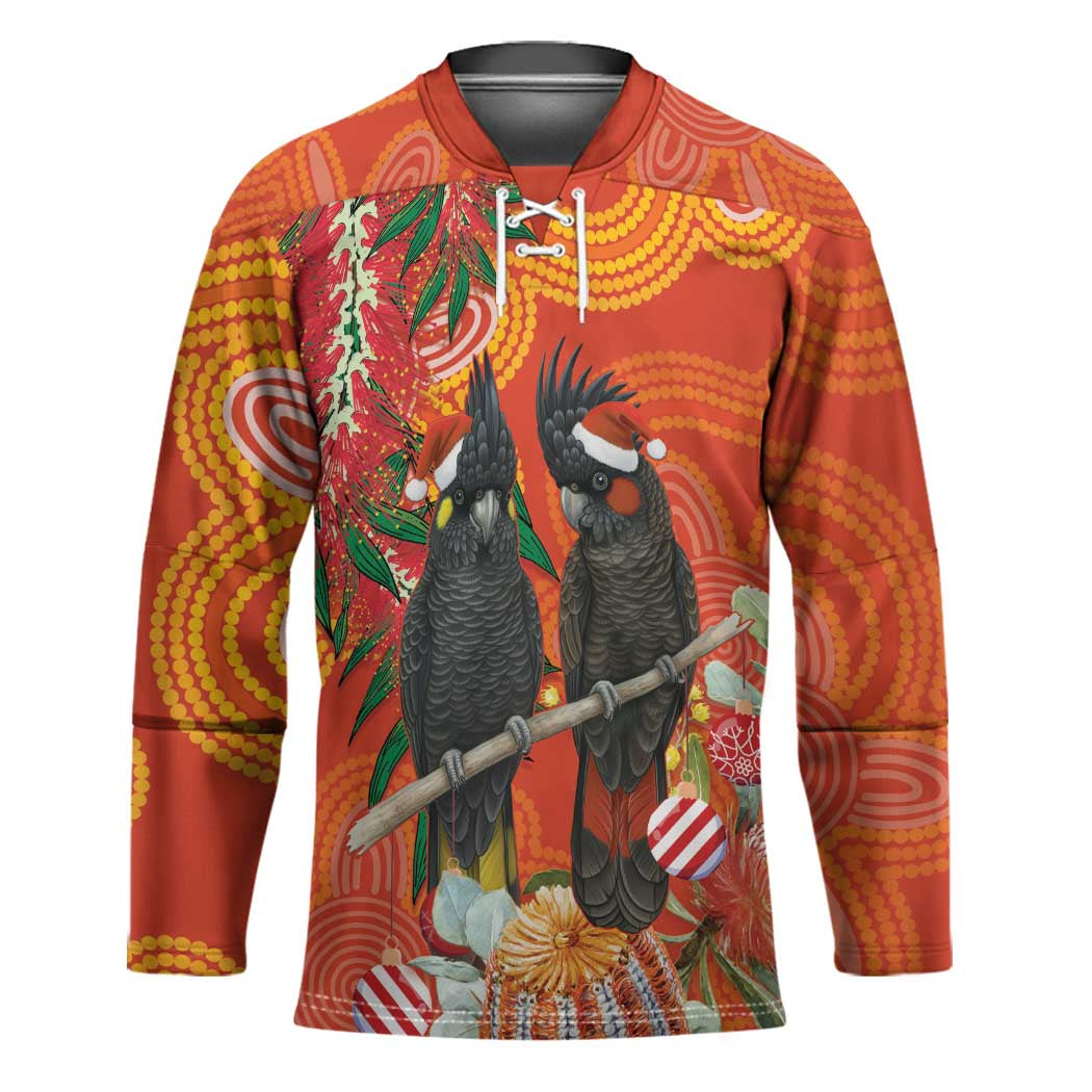 Australia Black Cockatoo Christmas Hockey Jersey Banksia Bottlebrush Aboriginal Art - Aussie Hoodie