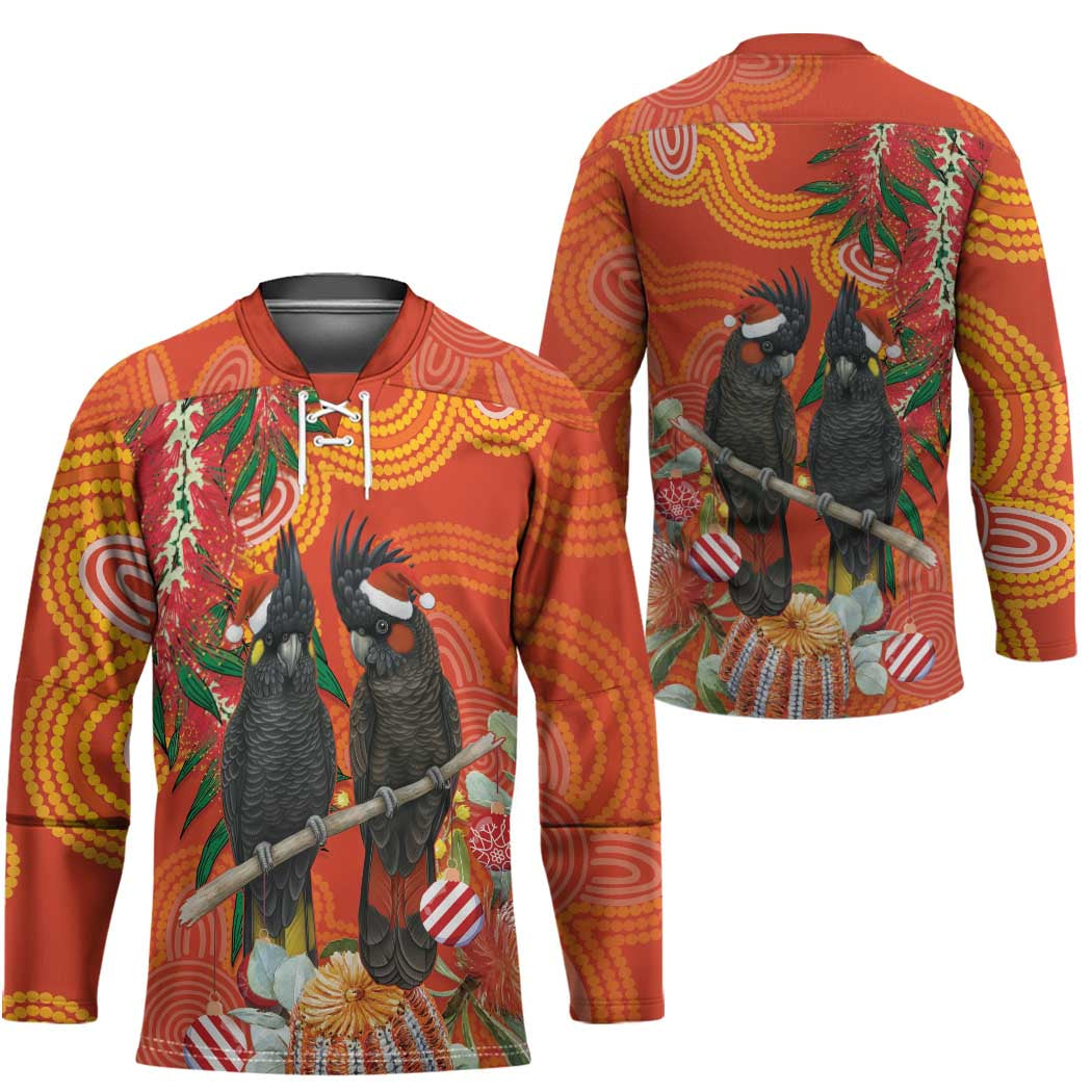 Australia Black Cockatoo Christmas Hockey Jersey Banksia Bottlebrush Aboriginal Art - Aussie Hoodie