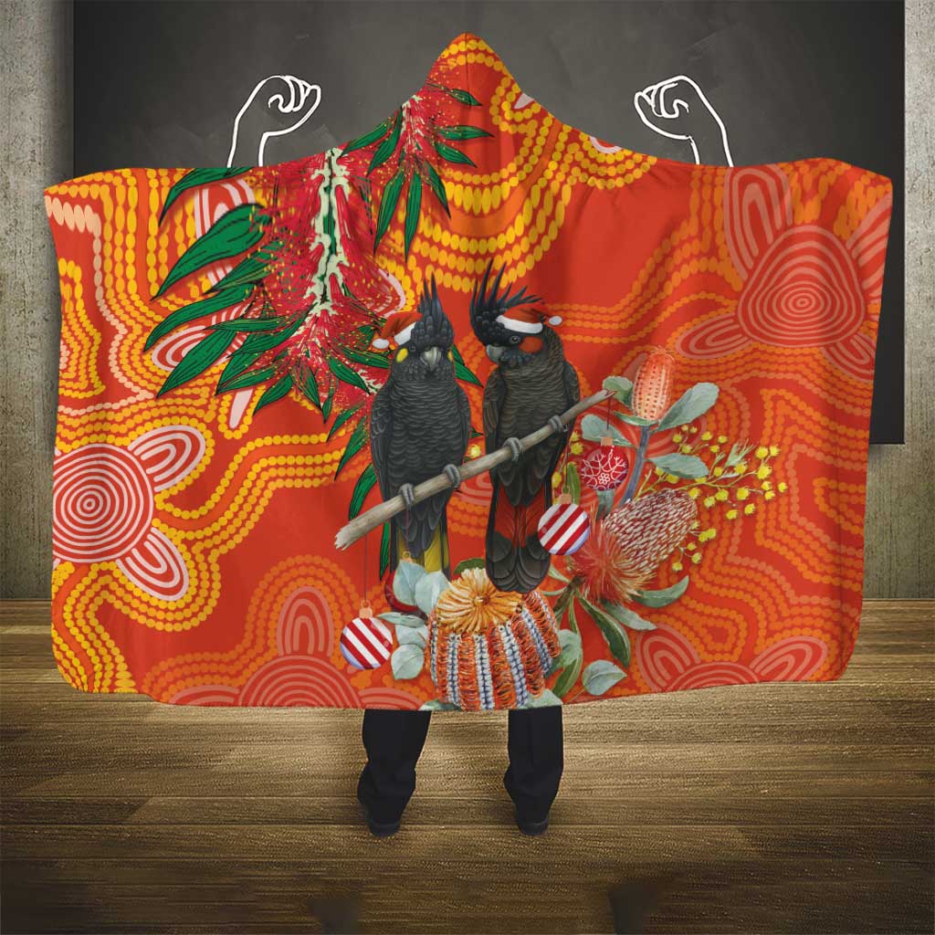 Australia Black Cockatoo Christmas Hooded Blanket Banksia Bottlebrush Aboriginal Art - Aussie Hoodie