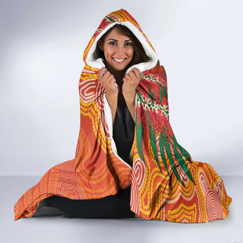 Australia Black Cockatoo Christmas Hooded Blanket Banksia Bottlebrush Aboriginal Art - Aussie Hoodie