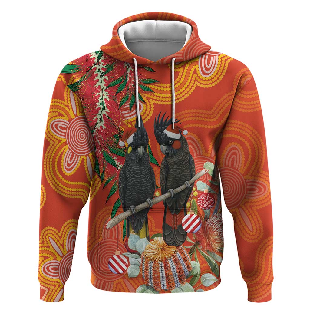Australia Black Cockatoo Christmas Hoodie Banksia Bottlebrush Aboriginal Art - Aussie Hoodie