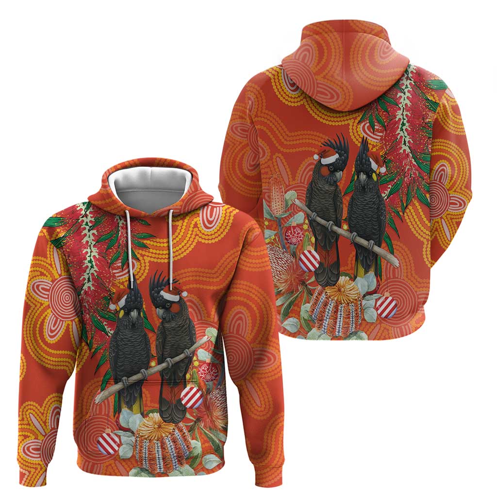 Australia Black Cockatoo Christmas Hoodie Banksia Bottlebrush Aboriginal Art - Aussie Hoodie