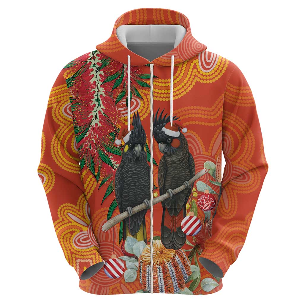 Australia Black Cockatoo Christmas Hoodie Banksia Bottlebrush Aboriginal Art - Aussie Hoodie
