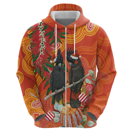 Australia Black Cockatoo Christmas Hoodie Banksia Bottlebrush Aboriginal Art - Aussie Hoodie