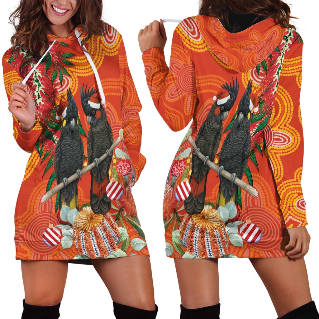 Australia Black Cockatoo Christmas Hoodie Dress Banksia Bottlebrush Aboriginal Art - Aussie Hoodie