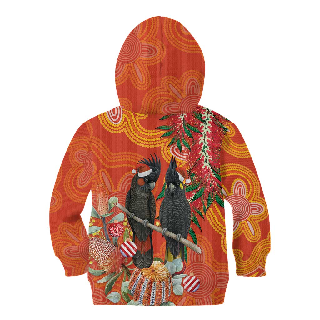 Australia Black Cockatoo Christmas Kid Hoodie Banksia Bottlebrush Aboriginal Art - Aussie Hoodie