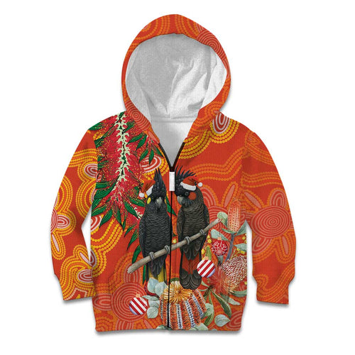Australia Black Cockatoo Christmas Kid Hoodie Banksia Bottlebrush Aboriginal Art - Aussie Hoodie