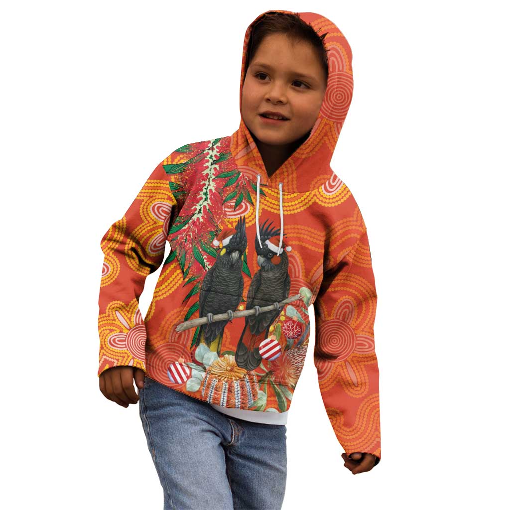 Australia Black Cockatoo Christmas Kid Hoodie Banksia Bottlebrush Aboriginal Art - Aussie Hoodie