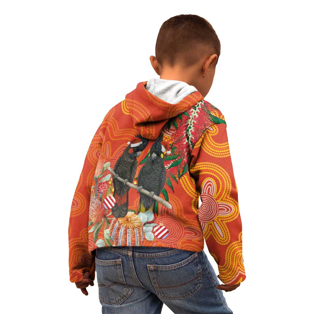 Australia Black Cockatoo Christmas Kid Hoodie Banksia Bottlebrush Aboriginal Art - Aussie Hoodie