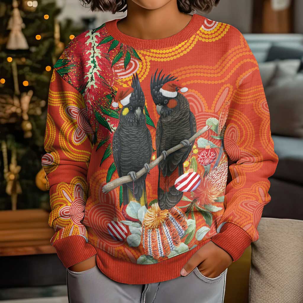 Australia Black Cockatoo Christmas Kid Ugly Christmas Sweater Banksia Bottlebrushe Aboriginal Art - Aussie Hoodie