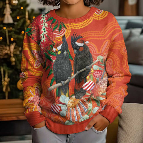 Australia Black Cockatoo Christmas Kid Ugly Christmas Sweater Banksia Bottlebrushe Aboriginal Art - Aussie Hoodie