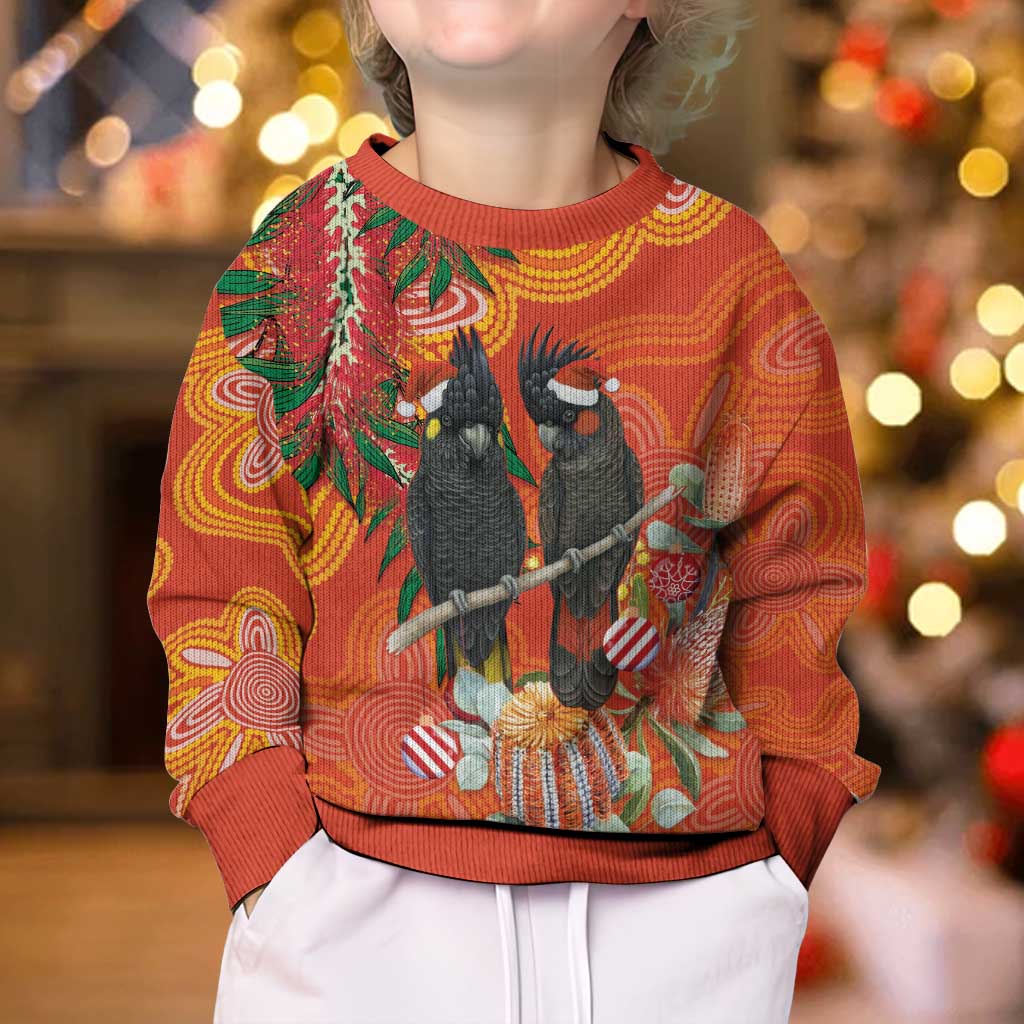 Australia Black Cockatoo Christmas Kid Ugly Christmas Sweater Banksia Bottlebrushe Aboriginal Art - Aussie Hoodie