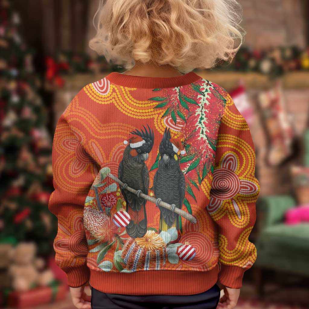 Australia Black Cockatoo Christmas Kid Ugly Christmas Sweater Banksia Bottlebrushe Aboriginal Art - Aussie Hoodie