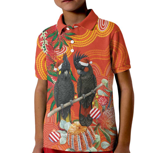 Australia Black Cockatoo Christmas Kid Polo Shirt Banksia Bottlebrush Aboriginal Art - Aussie Hoodie