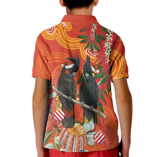 Australia Black Cockatoo Christmas Kid Polo Shirt Banksia Bottlebrush Aboriginal Art - Aussie Hoodie
