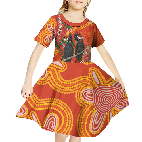 Australia Black Cockatoo Christmas Kid Short Sleeve Dress Banksia Bottlebrush Aboriginal Art - Aussie Hoodie