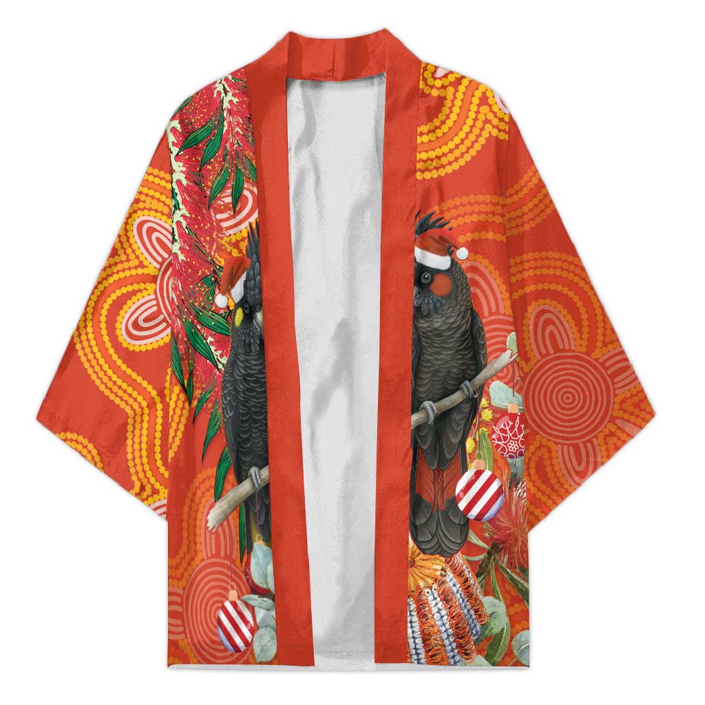 Australia Black Cockatoo Christmas Kimono Banksia Bottlebrush Aboriginal Art - Aussie Hoodie