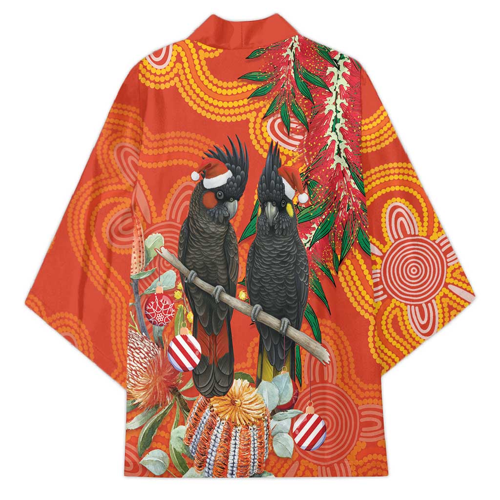 Australia Black Cockatoo Christmas Kimono Banksia Bottlebrush Aboriginal Art - Aussie Hoodie