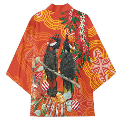 Australia Black Cockatoo Christmas Kimono Banksia Bottlebrush Aboriginal Art - Aussie Hoodie