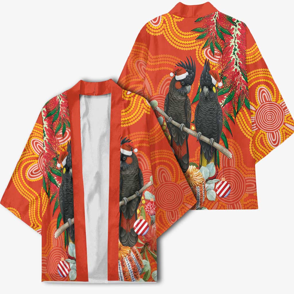 Australia Black Cockatoo Christmas Kimono Banksia Bottlebrush Aboriginal Art - Aussie Hoodie