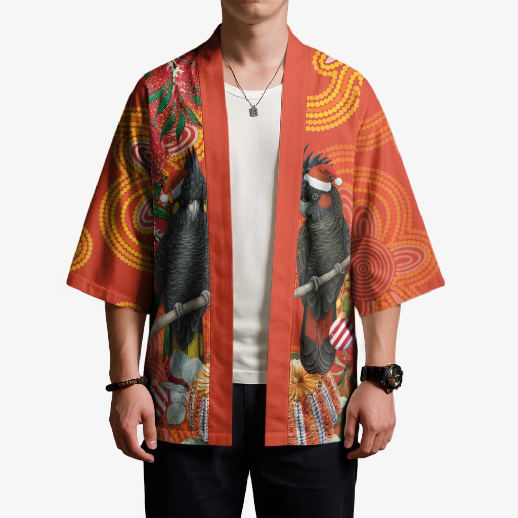 Australia Black Cockatoo Christmas Kimono Banksia Bottlebrush Aboriginal Art - Aussie Hoodie