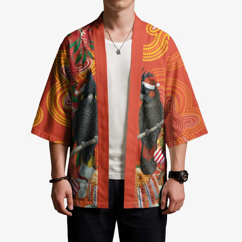 Australia Black Cockatoo Christmas Kimono Banksia Bottlebrush Aboriginal Art - Aussie Hoodie