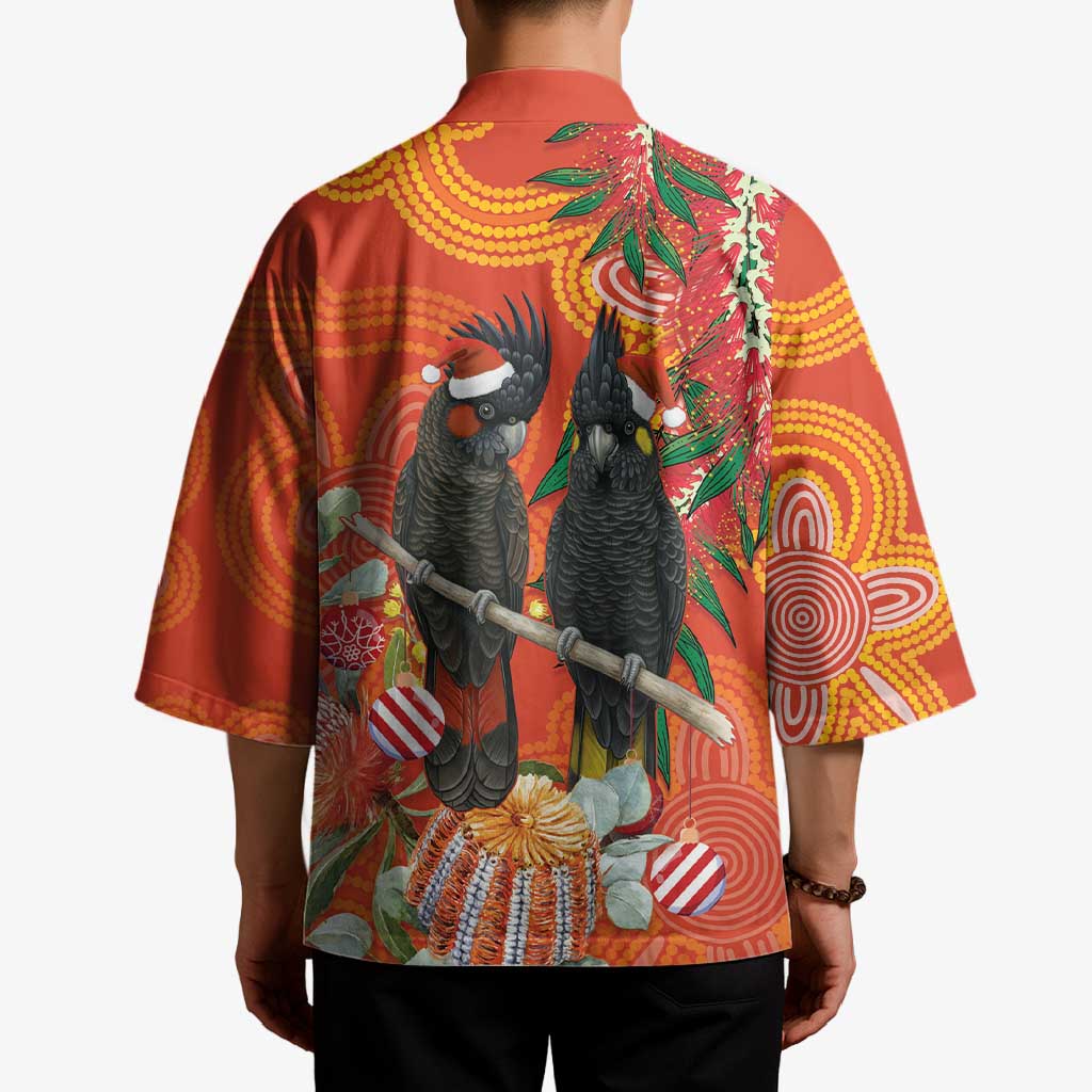 Australia Black Cockatoo Christmas Kimono Banksia Bottlebrush Aboriginal Art - Aussie Hoodie