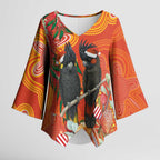 Australia Black Cockatoo Christmas Kimono Sleeve Blouse Banksia Bottlebrush Aboriginal Art - Aussie Hoodie