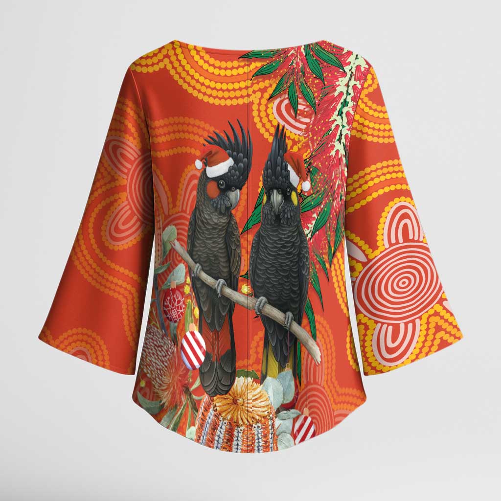 Australia Black Cockatoo Christmas Kimono Sleeve Blouse Banksia Bottlebrush Aboriginal Art - Aussie Hoodie
