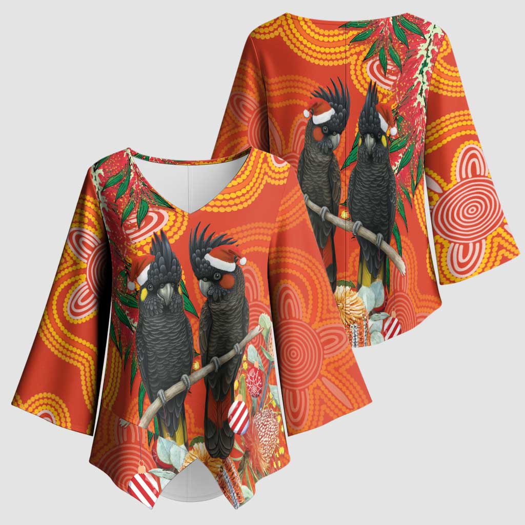 Australia Black Cockatoo Christmas Kimono Sleeve Blouse Banksia Bottlebrush Aboriginal Art - Aussie Hoodie