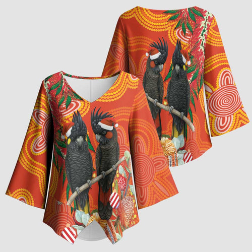 Australia Black Cockatoo Christmas Kimono Sleeve Blouse Banksia Bottlebrush Aboriginal Art - Aussie Hoodie
