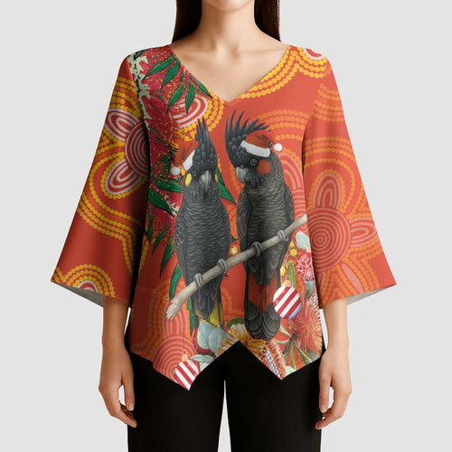 Australia Black Cockatoo Christmas Kimono Sleeve Blouse Banksia Bottlebrush Aboriginal Art - Aussie Hoodie