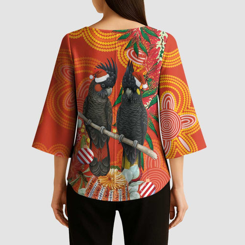Australia Black Cockatoo Christmas Kimono Sleeve Blouse Banksia Bottlebrush Aboriginal Art - Aussie Hoodie