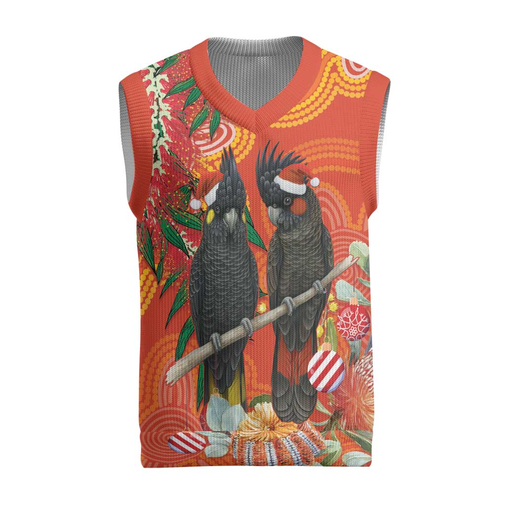 Australia Black Cockatoo Christmas Knitted V-Neck Vest Banksia Bottlebrushe Aboriginal Art - Aussie Hoodie