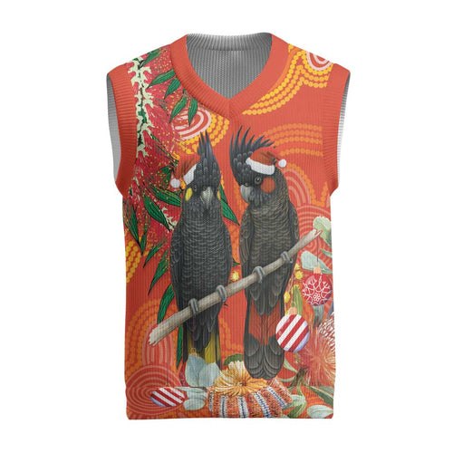 Australia Black Cockatoo Christmas Knitted V-Neck Vest Banksia Bottlebrushe Aboriginal Art - Aussie Hoodie