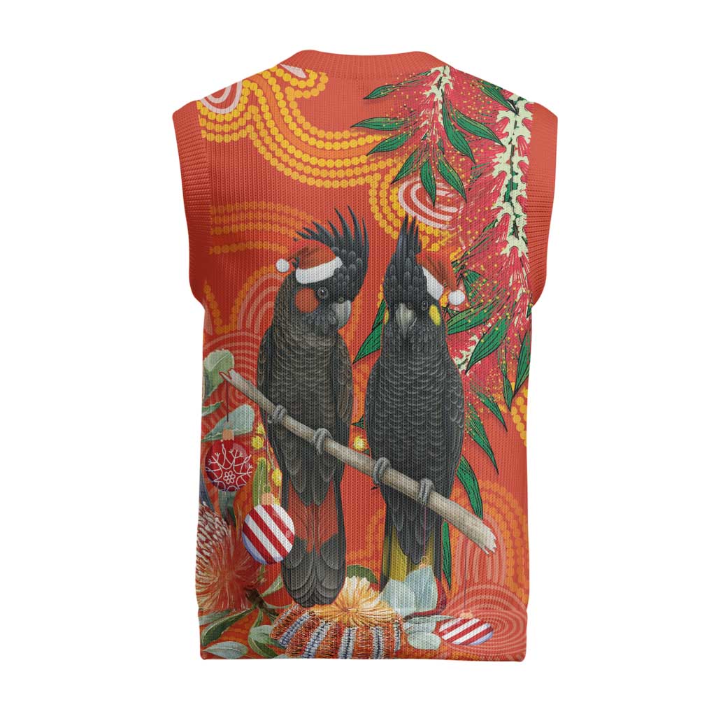 Australia Black Cockatoo Christmas Knitted V-Neck Vest Banksia Bottlebrushe Aboriginal Art - Aussie Hoodie
