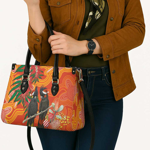 Australia Black Cockatoo Christmas Leather Bag Banksia Bottlebrush Aboriginal Art - Aussie Hoodie