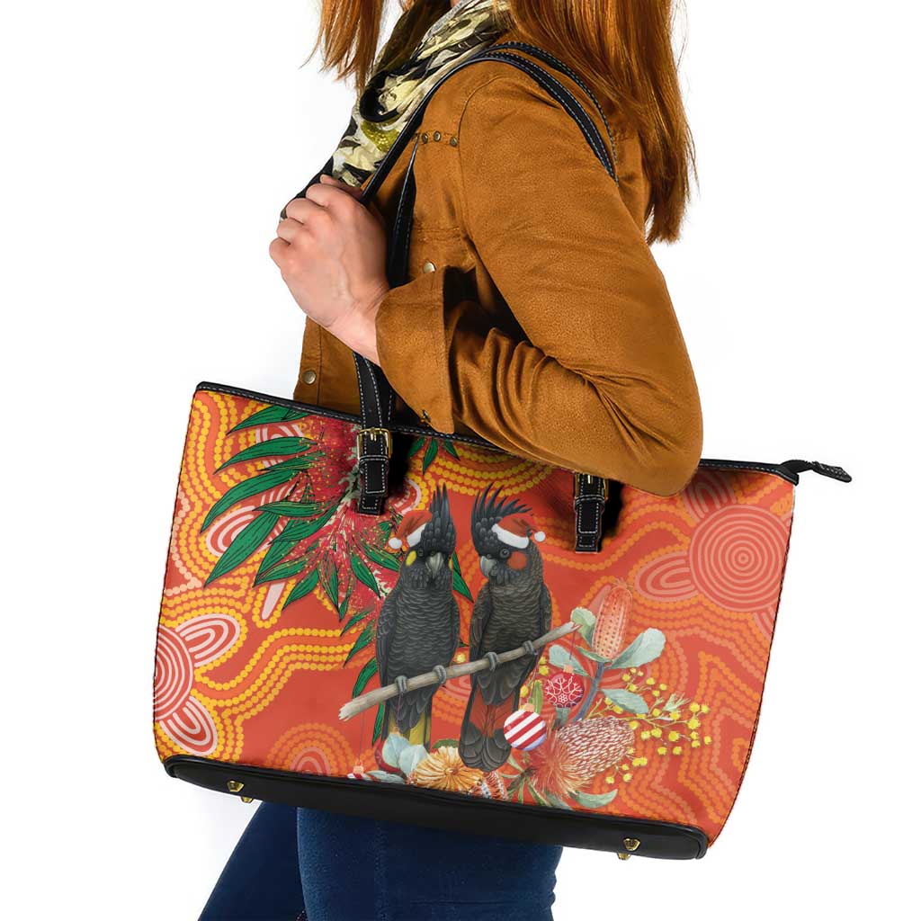 Australia Black Cockatoo Christmas Leather Tote Bag Banksia Bottlebrush Aboriginal Art - Aussie Hoodie