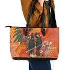 Australia Black Cockatoo Christmas Leather Tote Bag Banksia Bottlebrush Aboriginal Art - Aussie Hoodie