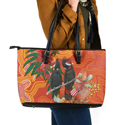 Australia Black Cockatoo Christmas Leather Tote Bag Banksia Bottlebrush Aboriginal Art - Aussie Hoodie