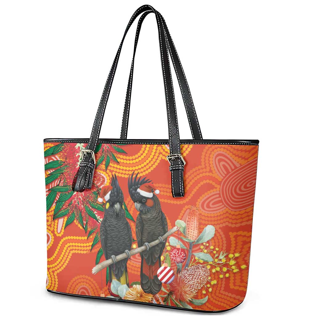 Australia Black Cockatoo Christmas Leather Tote Bag Banksia Bottlebrush Aboriginal Art - Aussie Hoodie