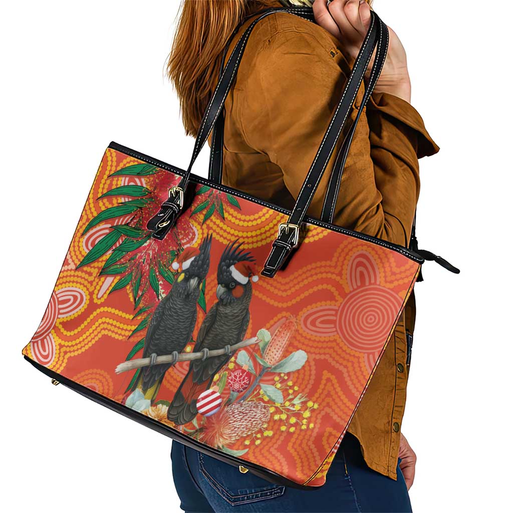 Australia Black Cockatoo Christmas Leather Tote Bag Banksia Bottlebrush Aboriginal Art - Aussie Hoodie