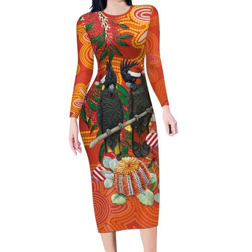 Australia Black Cockatoo Christmas Long Sleeve Bodycon Dress Banksia Bottlebrush Aboriginal Art - Aussie Hoodie